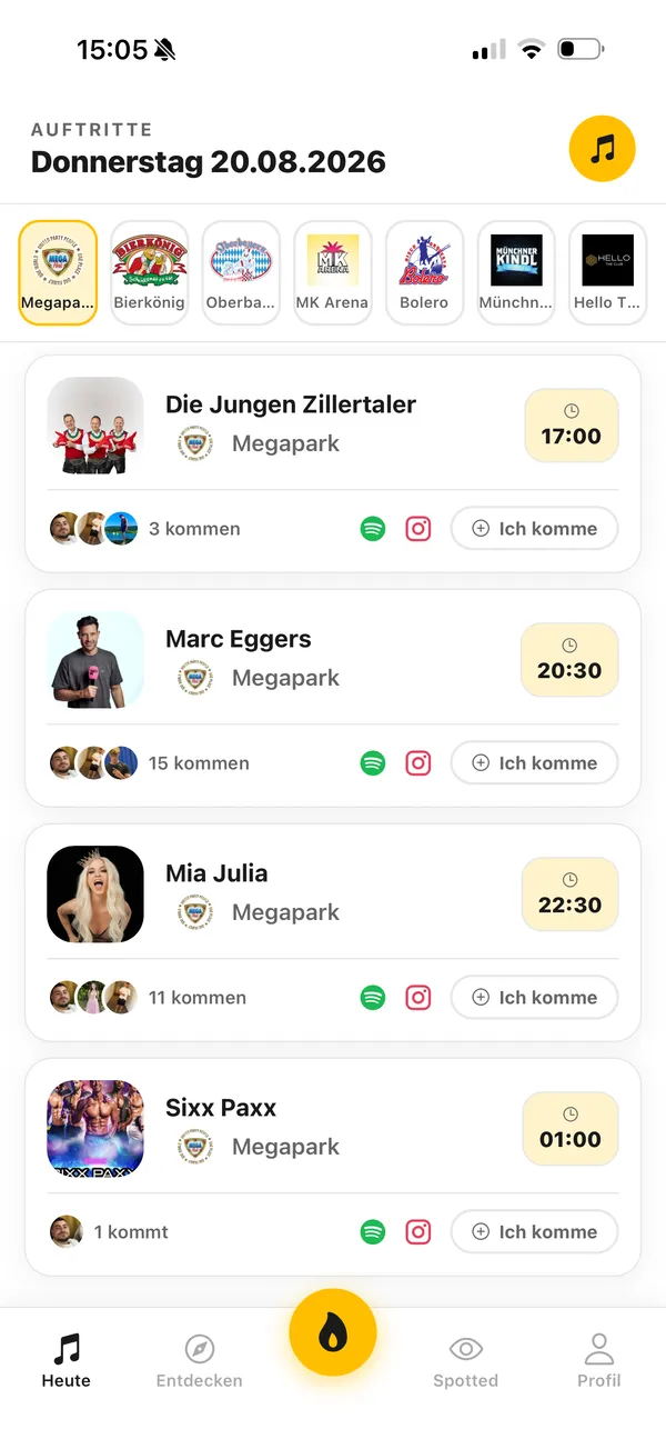 MalleMap App: Line-up des Tages mit Auftritten, Uhrzeiten und Zusagen