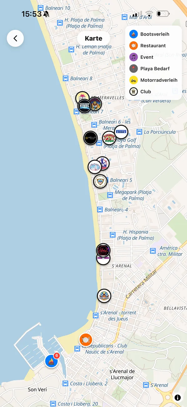MalleMap App: Karte von Mallorca mit Clubs, Bars und Strandspots