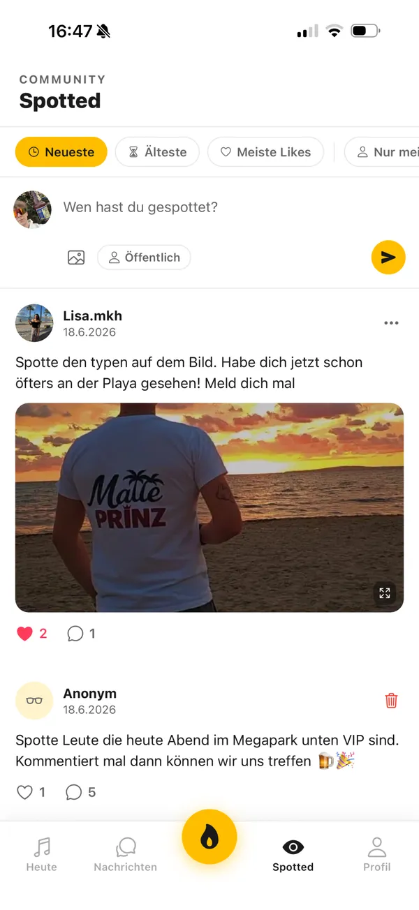 MalleMap App: Spotted-Feed der Community mit Beitraegen und Kommentaren