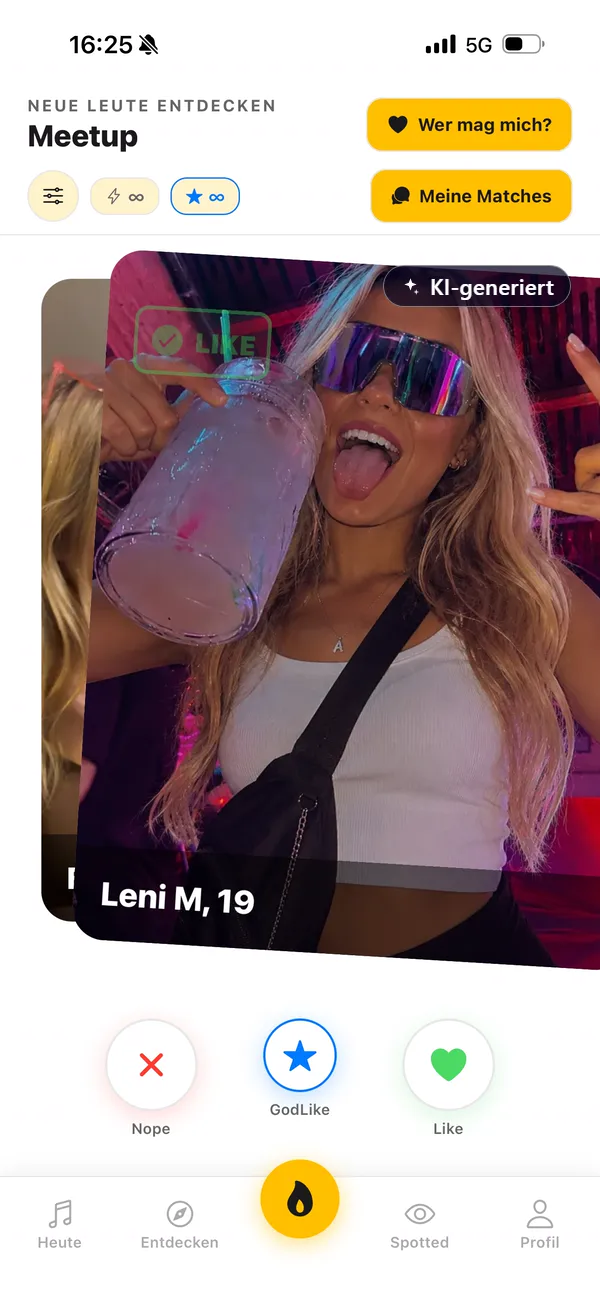 MalleMap App: neue Leute auf der Insel entdecken und liken. Das abgebildete Profilbild ist KI-generiert.